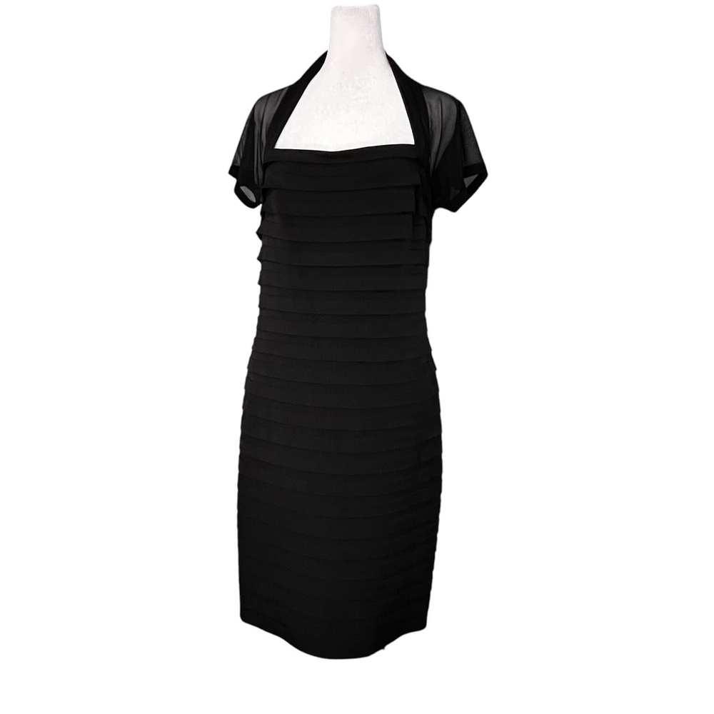 Maggy London Black Square Neck Illusion Back Pleated Cocktail Dress Size 10 - Picture 4 of 6